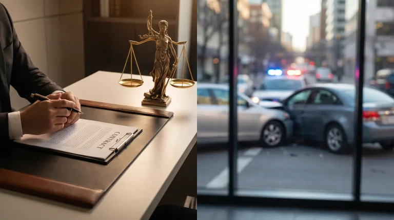 car accident lawyer near me 1 Professional car accident lawyer near me reviewing a legal contract with a blurred car accident scene in the background.